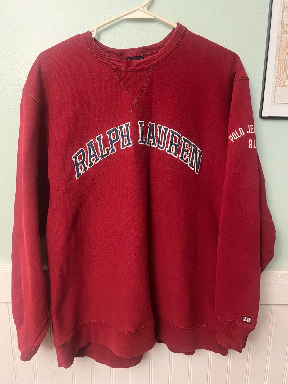 Vintage 90s Ralph Lauren Men Deep Red Crewneck Sweatshirt Arch Logo size large